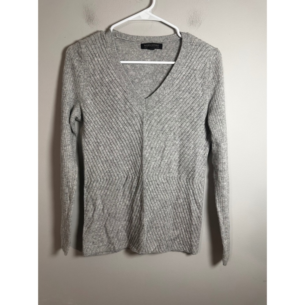 Banana Republic Gray Merino Wool Cashmere Chevron Stitch V-Neck Sweater Small